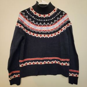 J Crew Roll Neck Fair Isle Nordic Knit Navy Sweater Women's Size M  Hipster Wool